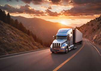 American semi truck driving on mountain road at sunset - 657611731