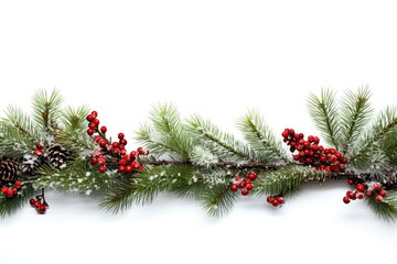 Holiday border of pine branches on white background for Christmas, in the style of snow scenes, with blank space for text. Generative AI
