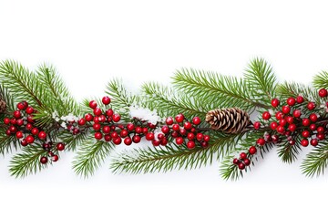 Holiday border of pine branches on white background for Christmas, in the style of snow scenes, with blank space for text. Generative AI