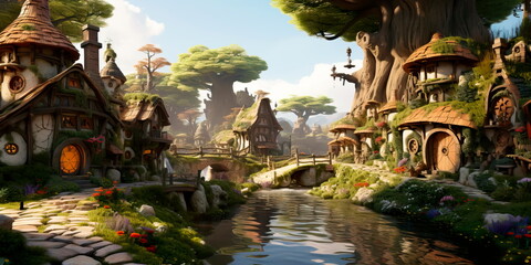 landscape village nestled in the roots of an ancient, oversized tree .