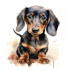 Black and tan dachshund puppy. Stylized watercolour digital illustration of a cute dog with big eyes