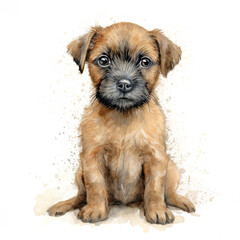 Border terrier puppy on a white background. Cute digital watercolour for dog lovers.