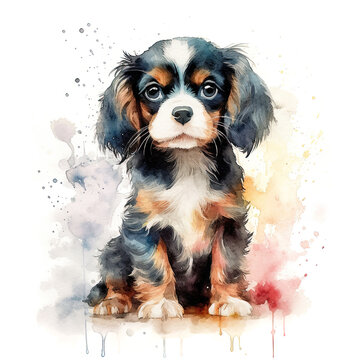 Tricolour Cavalier King Charles spaniel puppy on a white background. Cute digital watercolour for dog lovers.