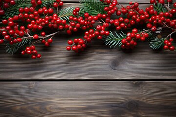 A christmas table background with pine branches and red berries, with a wooden space to write a text. Generative AI