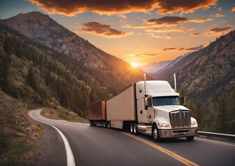 American semi truck driving on mountain road at sunset - 657611946