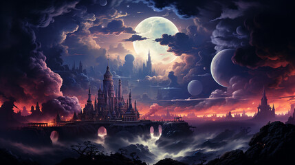fantasy world palace view of psychedelic smoky clouds and stars, beautiful colorful painting generative ai
