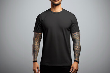 Black t-shirt mockup on a tattooed black man - obrazy, fototapety, plakaty