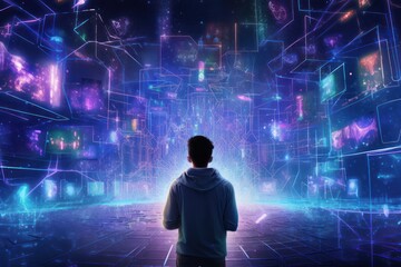 Back view of a man in front of many digital screens in dark room with neon light. Streaming services, metaverse, social media life concept 
