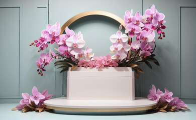 Modern Podium with blooming orchids background.