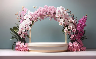 Fototapeten Modern Podium with blooming orchids background. © Creative Bringer