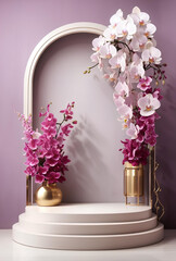 Modern Podium with blooming orchids background.