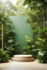 Obraz premium Modern podium with green nature background.