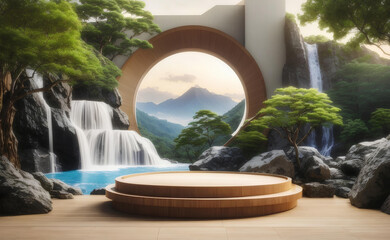 Modern podium for product presentation with mountain and waterfall background.