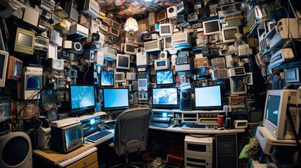 Retro computer monitors various data located on desk in dark room of hacker base