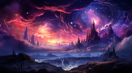 fantasy world palace view of psychedelic smoky clouds and stars, beautiful colorful painting generative ai - obrazy, fototapety, plakaty