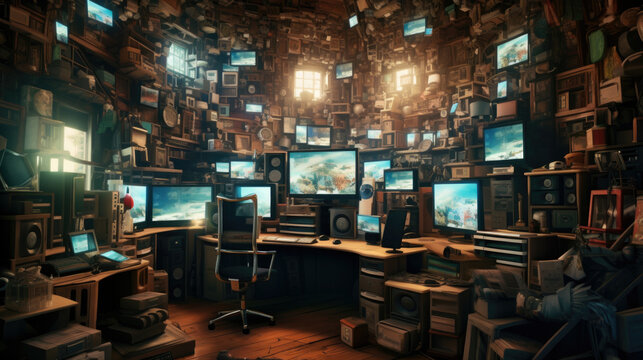 Retro computer monitors various data located on desk in dark room of hacker base