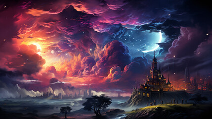 fantasy world palace view of psychedelic smoky clouds and stars, beautiful colorful painting generative ai