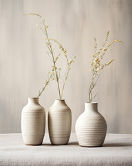 Fototapeta na wymiar Dried flowers in white ceramic vases. Minimalistic interior decoration concept