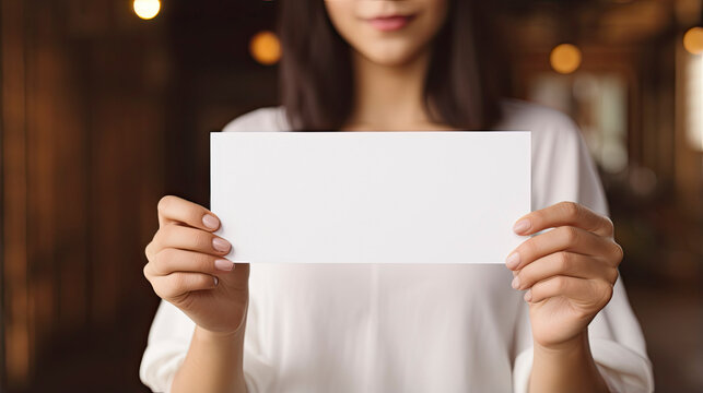 Closeup Woman holding blank business card or a ticket, invitation, coupon design for mock up