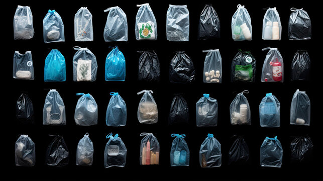 Recycling plastic bags collection filled with recyclable bottles cans and gabage