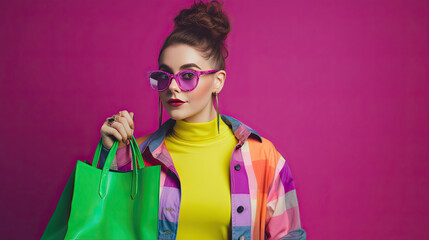 Radiant Lady in Pink and Purple with Lime Green Bag
