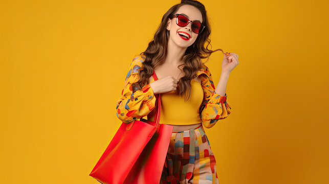 Radiant Woman in Reds and Yellows with Yellow Bag