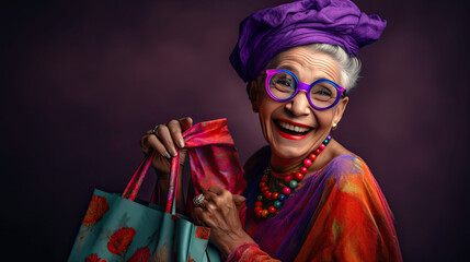 Fototapeta premium Vivacious Lady with Purple Shopping Bag