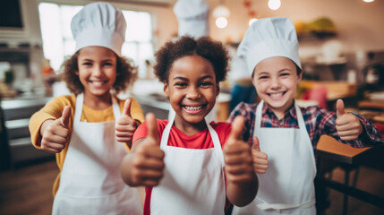 Group of diverse kids in kitchen. Positive happy baking and cooking education