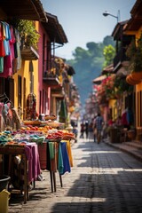  Vibrant street market filled with clothing vendors and colorful fabrics, Generative AI 