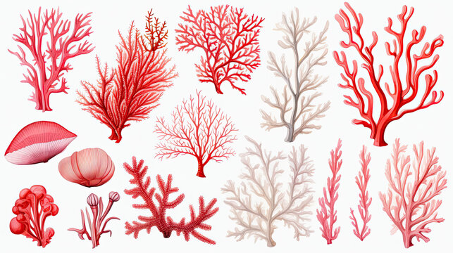 Watercolor Red Coral collection on white background