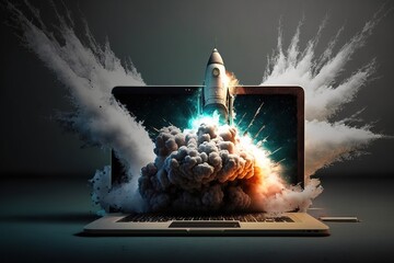 Rocket launch into space, smoke from laptop, rocket launch from laptop, digital art illustration, color