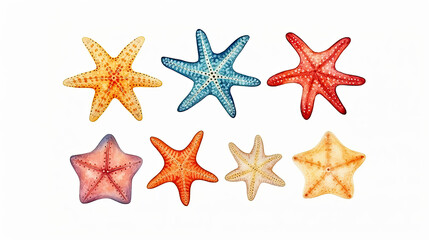 Watercolor set of starfish on isolated white background