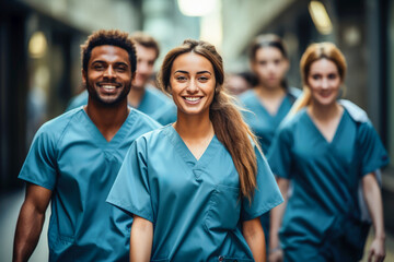A group of doctors in hospital scrubs smiling and walking together