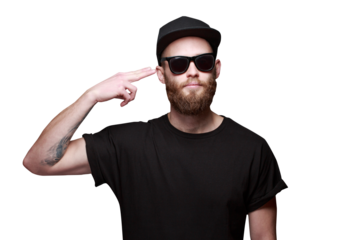 Man showing killing himself sign over transparent background