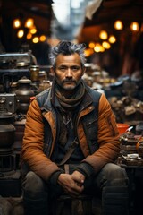 Obraz premium Clothing vendor at a bustling flea market, showcasing their unique collection, Generative AI
