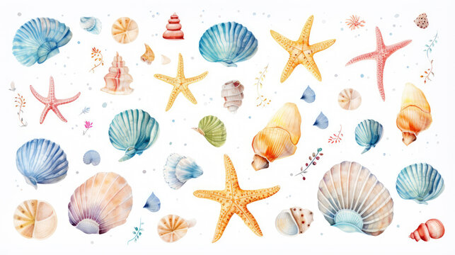 Watercolor set of seashells, starfish and bubble on white background