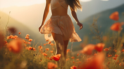 Barefoot young woman walking through the poppy flowers field. AI generated image.
