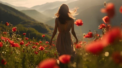 Zelfklevend Fotobehang Barefoot young woman walking through the poppy flowers field. AI generated image. © yekaterinalim