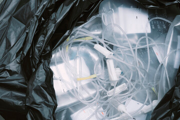 Close-up of toxic waste in garbage bags, acetate ringer's injection, saline bottles and Syringes,...