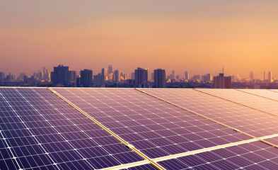 Solar energy, solar cell stations, and urban energy demand in the background. renewable energy...
