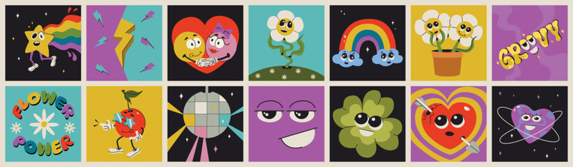 Funny psychedelic cartoon characters, comic faces in trendy retro style. Square fun posters with groovy elements of flower, heart, cherry, disco ball and rainbow. Abstract doodle patterns.