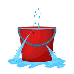 Leaking bucket and puddle on white background. Pail with hole full water. Water leaking from bucket.Useless bucket.Water is poured of hole in old bucket.Cracked red plastic pailful.Vector illustration - obrazy, fototapety, plakaty