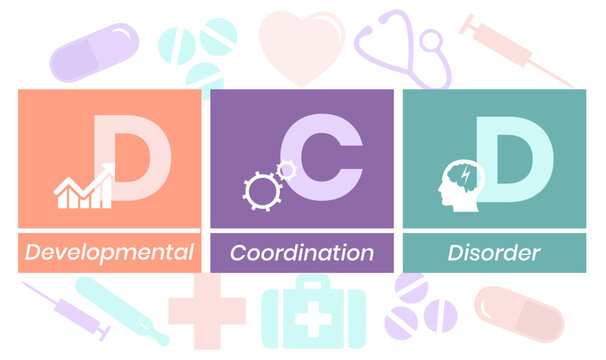 DCD - Developmental Coordination Disorder acronym. medical concept background. vector illustration concept with keywords and icons. lettering illustration with icons for web banner, flyer