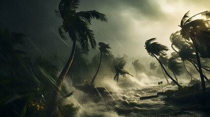 Palm trees battered by strong hurricane winds - obrazy, fototapety, plakaty