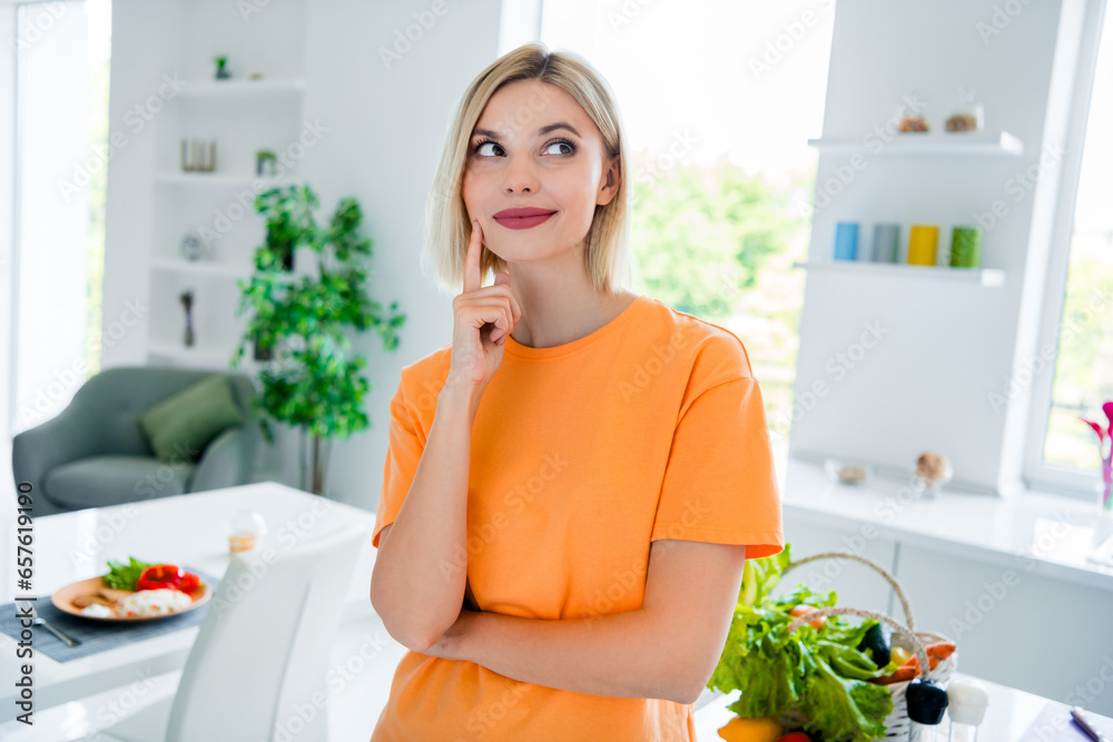 Sticker portrait of minded adorable person finger touch chin look interested away contemplate modern apartme