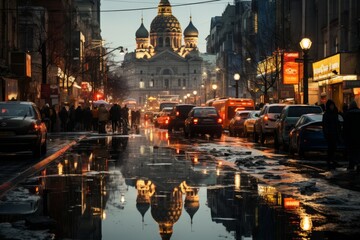 Vibrant and bustling Arbat Street in Moscow, known for its street performers and art, Generative AI  - obrazy, fototapety, plakaty