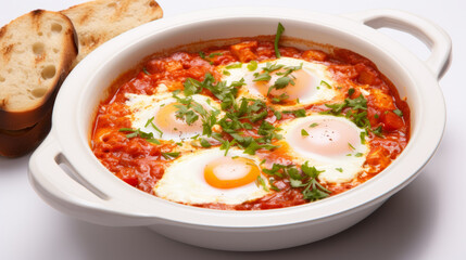 Homemade spicy shakshuka with eggs close up