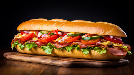 Submarine sandwich with ham, cheese, lettuce, tomatoes,onion on wooden table