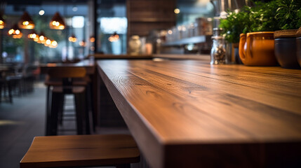 image of wooden table in front of abstract blurred background of resturant lights
