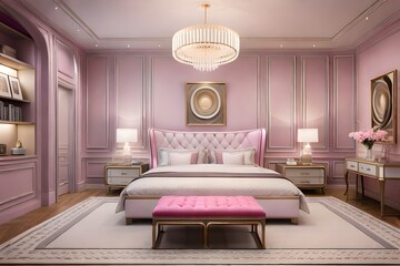 luxury hotel room with purple pink light 